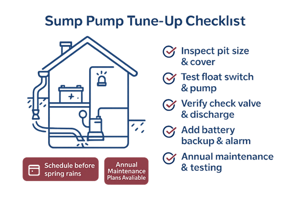 Infographic showing sump pump, battery backup, check valve, and discharge line