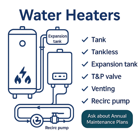 Infographic showing tank and tankless water heaters, expansion tank, T&P valve, venting, and recirculation pump